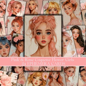 Diario basura rosa / Tarjetas ATC / Diario basura rosa / Tarjetas efímeras, Chicas lindas de primavera, Gráfico estético femenino, Chicas vintage pastel