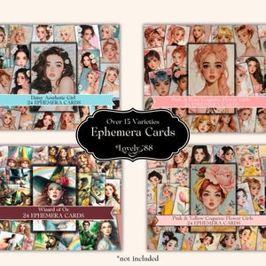 May include: A set of 24 digital ephemera cards featuring illustrations of girls with flowers, daisies, and a wizard of oz theme. The cards are ideal for scrapbooking, card making, and other creative projects.