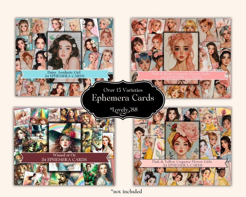 May include: A set of 24 digital ephemera cards featuring illustrations of girls with flowers, daisies, and a wizard of oz theme. The cards are ideal for scrapbooking, card making, and other creative projects.