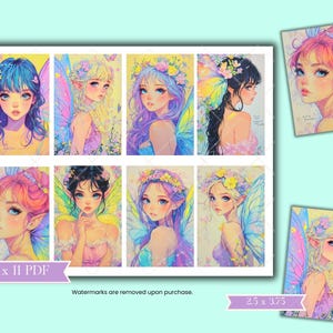 May include: A digital printable sheet with 8 illustrations of fairies with colorful wings and floral crowns. The fairies have long hair and are drawn in a whimsical style. The sheet is 8.5 x 11 inches and is available as a PDF download.