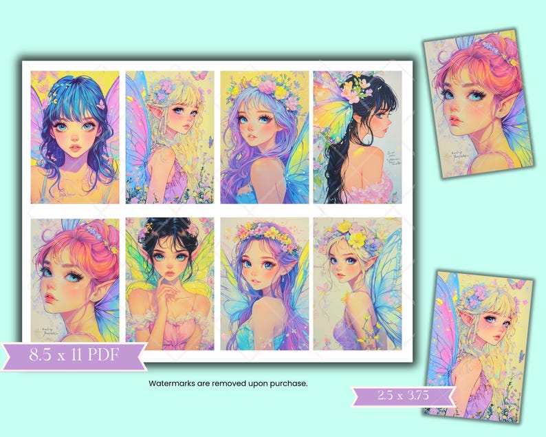 May include: A digital printable sheet with 8 illustrations of fairies with colorful wings and floral crowns. The fairies have long hair and are drawn in a whimsical style. The sheet is 8.5 x 11 inches and is available as a PDF download.