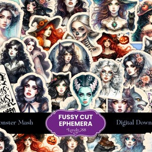 May include: A set of digital printable stickers featuring illustrations of witches, monsters, goblins, and other spooky characters. The stickers are in a variety of colors and styles, and they are perfect for adding a touch of Halloween fun to your projects.