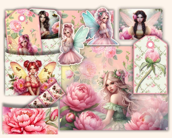 Fairy Junk Journal Mini Kit | Fairy Papers, Floral Papers, Fussy Cuts, Tags, Spring Fairy |Peony Fairy Junk Journal