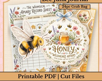 Bee Junk Journal Kit | 24 Piece Printable Ephemera, Paper | Honey Bee Theme | PDF, PNG, Cut Files for Scrapbooking & Collage