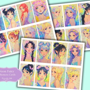 May include: A set of 16 digital printable cards featuring illustrations of fairies with neon wings and floral crowns. The cards are labeled "Neon Fairy Ephemera Cards #Lovely_388".