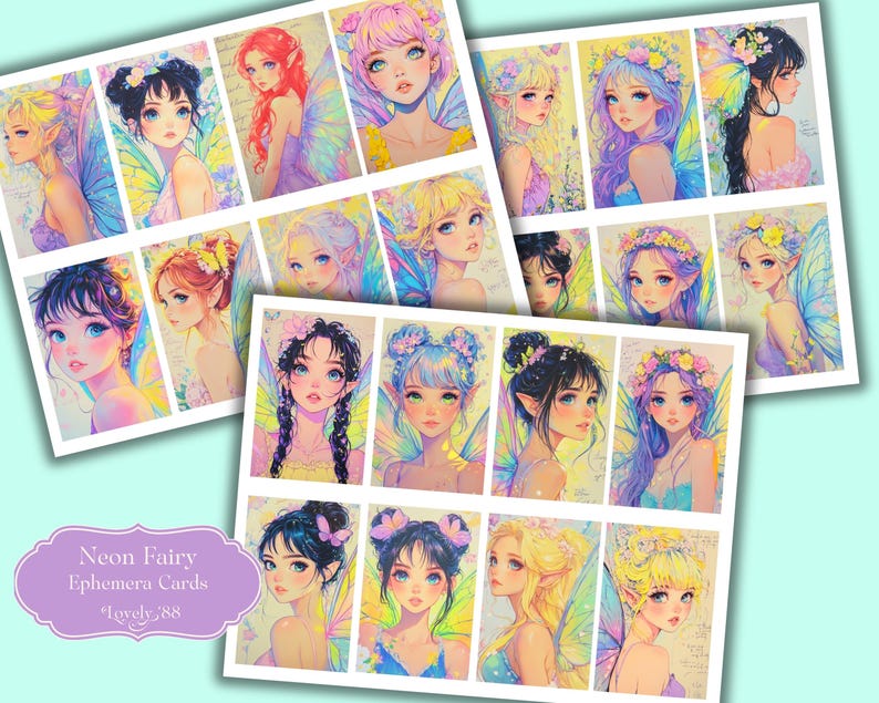 May include: A set of 16 digital printable cards featuring illustrations of fairies with neon wings and floral crowns. The cards are labeled "Neon Fairy Ephemera Cards #Lovely_388".