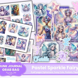 May include: A selection of pastel-toned fairy-themed ephemera for junk journals. The set features images of fairies with wings, flowers, and a magic wand. Text on the image includes "Twinkle", "Junk Journal Grab Bag", and "Pastel Sparkle Fairy".
