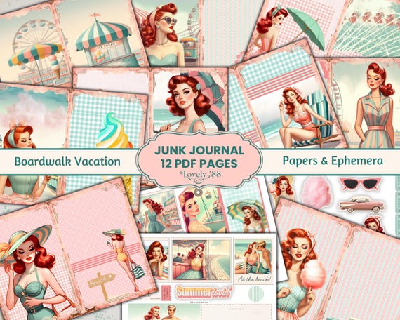Retro Summer Junk Journal Kit | Summer Ephemera, Fussy Cuts, Tags | Vintage 1950s Clipart, Scrapbook, Craft, Beach Junk Journal