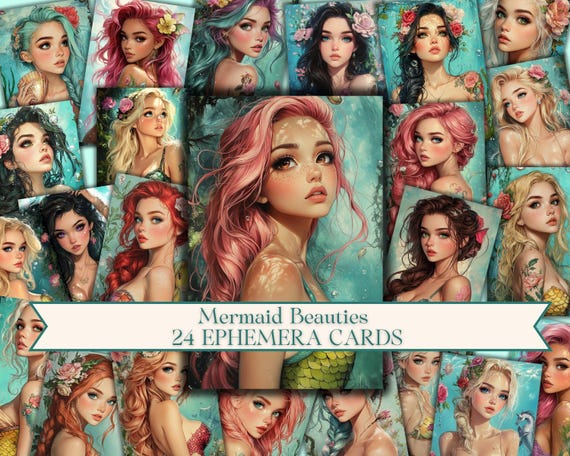 Mermaid ATC Cards | Mermaid Junk Journal | Mermaid Ephemera Cards, 2.5 x 3.5 | Fantasy Graphic, Mermaid Art Card, Artist Trading Card