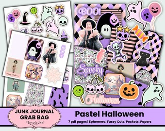 May include: A collection of pastel-colored Halloween-themed ephemera, fussy cuts, pockets, and papers. The designs include ghosts, skulls, pumpkins, and witch figures. The text on the image says "Junk Journal Grab Bag" and "Pastel Halloween".