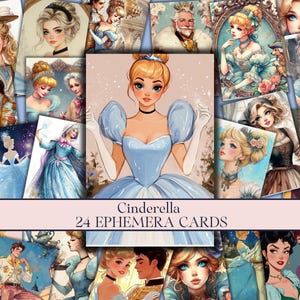 May include: A set of 24 digital printable ephemera cards featuring Cinderella and other characters from the Disney film. The cards are illustrated in a whimsical style with a pastel colour palette.