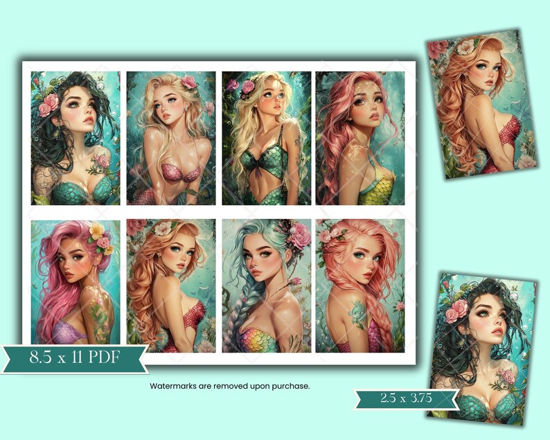 Mermaid ATC Cards | Mermaid Junk Journal | Mermaid Ephemera Cards, 2.5 x 3.5 | Fantasy Graphic, Mermaid Art Card, Artist Trading Card image 4