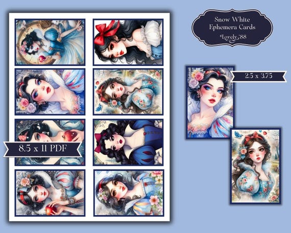 Printable Snow White Junk Journal ATC Cards | Fairy Tale Ephemera Cards, Collage Sheet, 2.5 x 3.5 | Digital Pocket Card, Journaling Card