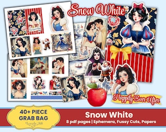 May include: A collection of Snow White themed ephemera, fussy cuts, and papers. The images include illustrations of Snow White, the Evil Queen, the Prince, and the seven dwarfs. The words "Snow White", "Happily Ever After", and "40+ Piece Grab Bag" are visible.