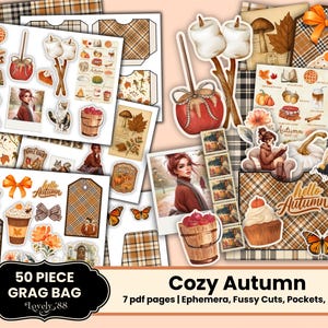 Könnte beinhalten: Eine Sammlung von herbstlichen Papieren, filigranen Schnitten, Taschen und Papieren. Die Designs umfassen Kürbisse, Schmetterlinge, Marshmallows und eine lesende Frau. Der Text "hello Autumn" und "Cozy Autumn" sind sichtbar.