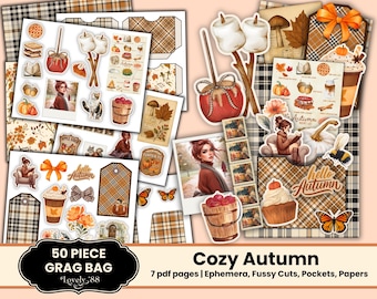 Cozy Autumn Junk Journal Kit | Autumn Ephemera Bundle | Fall Fussy Cuts, Tags, Pockets | PDF Download