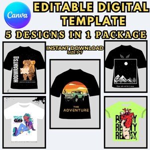 May include: Digital template featuring five t-shirt designs. Designs include a bear with a map, a vintage truck, a mountain scene, a girl with blue hair, and a hand holding a heart. The template is an instant download.