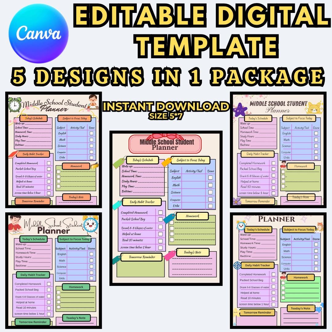 Editable 2025-26 School Planner Printable, Middle & High School, Canva ...