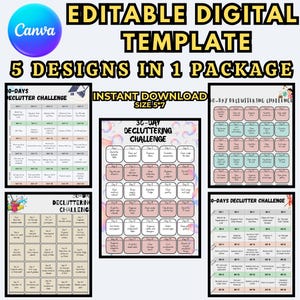 Könnte beinhalten: Ein Bild einer digitalen Vorlage mit dem Text "EDITABLE DIGITAL TEMPLATE" und "5 DESIGNS IN 1 PACKAGE". Es zeigt mehrere 30-Tage-Entrümpelungs-Challenge-Designs mit täglichen Aufgaben in Kästchen. Das Canva-Logo ist sichtbar.
