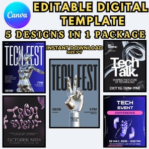 Puede incluir: Plantilla digital con cinco diseños para eventos tecnológicos. Los diseños incluyen carteles de eventos con figuras de robots metálicos, fuentes futuristas y el texto "Tech Fest", "Tech Talk" y "Tech Event Conference". La plantilla está disponible para descarga instantánea.