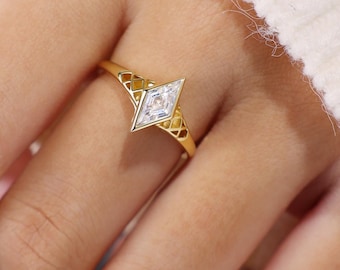 Lozenge Cut Moissanite Engagement Ring, Bezel Set Wedding Ring with Openwork Band, Solitaire Promise Ring Custom 14K Yellow Gold for Women