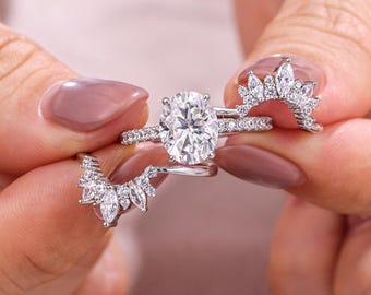 Moissaniet verlovingsring set, unieke massief witgouden bruidsring set, cluster stapelbare ringen art deco belofte ring, statement ringen voor haar