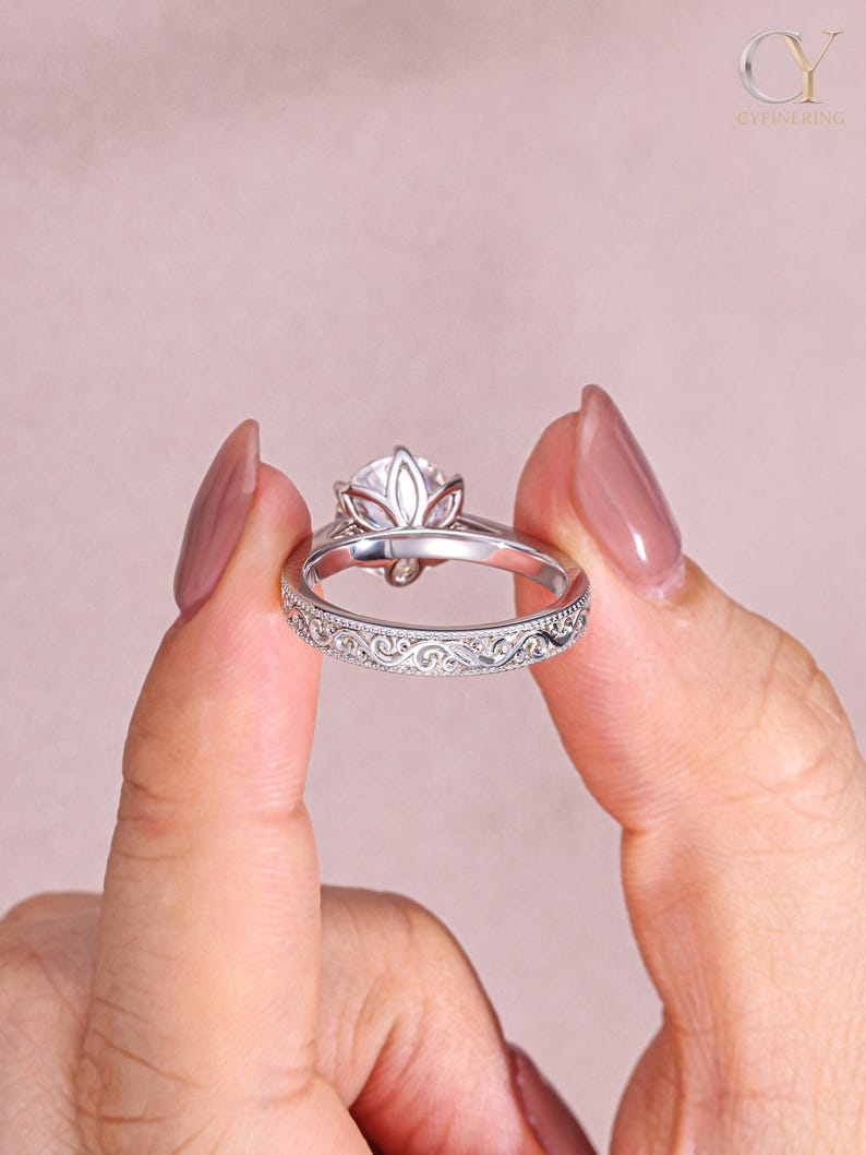 3ct Round Lab Diamond Ring White Gold Engagement Ring Engraved Filigree ...