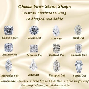 May include: A chart displaying 12 gemstone shapes for a custom birthstone ring, including cushion, round, pear, oval, asscher, princess, radiant, emerald, marquise, kite, hexagon, and coffin cuts. Text reads: Choose Your Stone Shape, Custom Birthstone Ring.