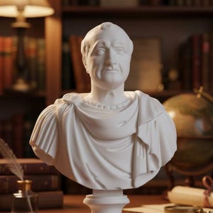 May include: A white bust of a man with a classical Roman style. The sculpture features detailed facial features and draped clothing. The bust is mounted on a pedestal and is likely made of plaster or a similar material. The background includes a desk, books, and a lamp.