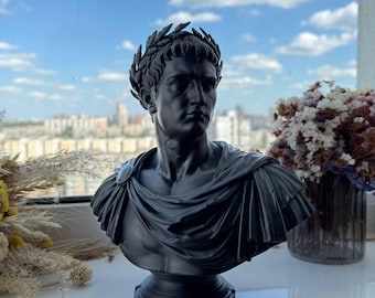 May include: A matte black bust of a Roman emperor featuring a laurel wreath crown and a draped toga-style garment. The sculpture is rendered in a solid dark finish, capturing the facial features and detailed folds of the fabric on the shoulders.