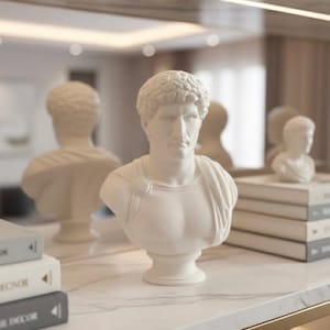 以下が含まれることがあります： カールした髪とドレープの施された白いローマ皇帝の胸像。彫刻は、他の胸像や本と一緒に大理石の棚に展示されています。棚には金のトリムが付いています。
