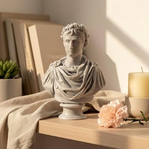 May include: A gray bust of a Roman emperor with a laurel wreath, draped in classical robes. The sculpture sits on a wooden shelf with a beige cloth, a pink flower, and a candle.