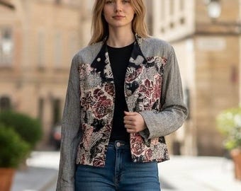 Carole Little Women Jacket 4 Black Floral Vtg Cropped Boho Whimsical Chic Unique