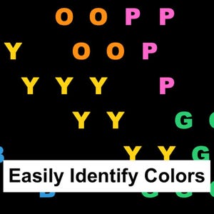 May include: A black background with the text "Easily Identify Colors" in a white rectangle. The letters O, P, Y, and G are scattered across the image in orange, pink, yellow, and green.
