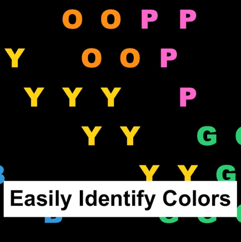 May include: A black background with the text "Easily Identify Colors" in a white rectangle. The letters O, P, Y, and G are scattered across the image in orange, pink, yellow, and green.