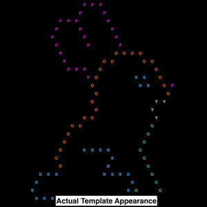 K&ouml;nnte beinhalten: Auf schwarzem Hintergrund eine farbenfrohe Grafik einer Person, die aus Buchstaben und Symbolen besteht. Die Buchstaben sind in verschiedenen Farben gehalten, darunter Lila, Orange, Blau, Gelb und Gr&uuml;n. Der Text "Actual Template Appearance" steht unten.