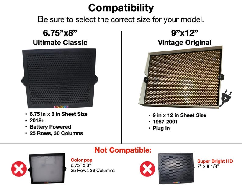 K&ouml;nnte beinhalten: Bild mit zwei Lite-Brite-Panels, einem schwarzen und einem silbernen, mit dem Text "Kompatibilit&auml;t". Das schwarze Panel ist 17,15 cm x 20,32 cm gro&szlig; und das silberne Panel ist 22,86 cm x 30,48 cm gro&szlig;. Der Text zeigt die richtige Gr&ouml;&szlig;e.