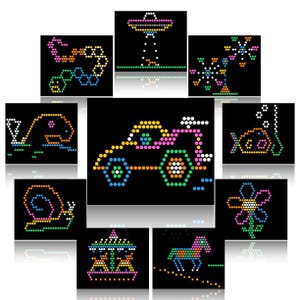 May include: A collection of colorful dot-art illustrations on a black background. The images include a snail, a car, a fish, a flower, a carousel, a horse, a UFO, and a snowflake. Each image is composed of small, brightly colored dots.