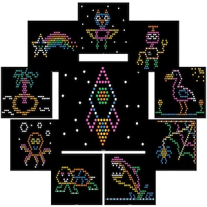 May include: A collection of colorful dot art images on a black background. The images include a rocket ship, a shooting star with a rainbow, an owl in a spaceship, a robot, a flamingo, a palm tree on an island, an octopus, a turtle, and a dolphin.