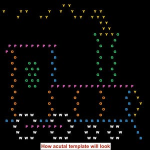 May include: A black background with a colourful template design. The design features various letters and shapes in yellow, green, blue, orange, pink, and white. The text at the bottom reads "How acutal template will look".