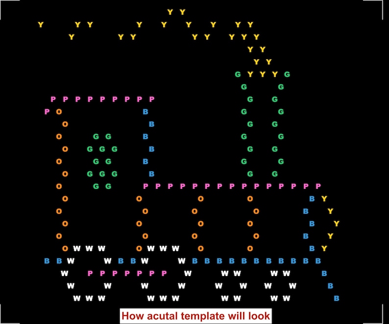 May include: A black background with a colourful template design. The design features various letters and shapes in yellow, green, blue, orange, pink, and white. The text at the bottom reads "How acutal template will look".