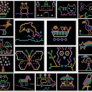 May include: A collection of colorful dot-art images on a black background. The images include a flower pot, bear, castle, cat, fish, deer, dolphin, shopping cart, flamingo, dragon, butterfly, owl, star, tree, frog, horse, train, carousel, and parrot.