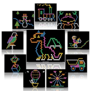 May include: A collection of colorful dot-art images on black backgrounds. The images include a train, crab, parrot, dragon, snowman, hot air balloon, Ferris wheel, dump truck, and a person riding a vehicle. The dots are in various colors.