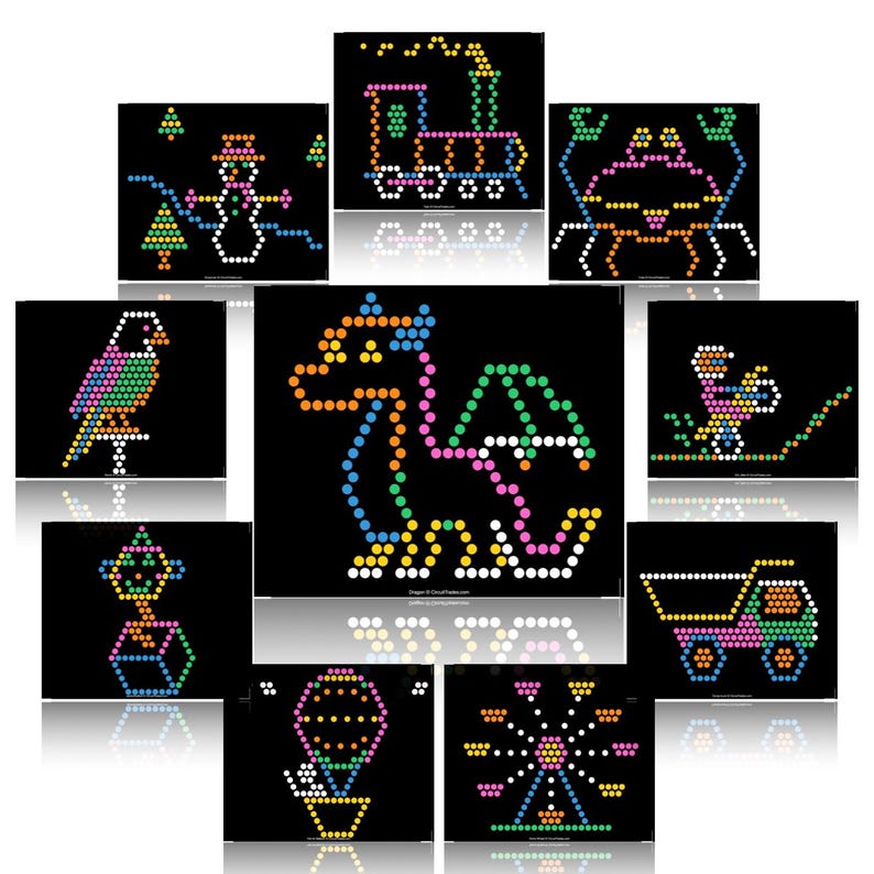 May include: A set of dot-art images on black backgrounds, featuring a train, crab, parrot, dragon, snowman, hot air balloon, Ferris wheel, dump truck, and a person riding a vehicle. The dots are in various colours.