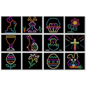 May include: A collection of twelve square images featuring colorful dot-art designs on a black background. The images depict Easter-themed symbols such as bunnies, eggs, flowers, and a cross, all created with vibrant dots.
