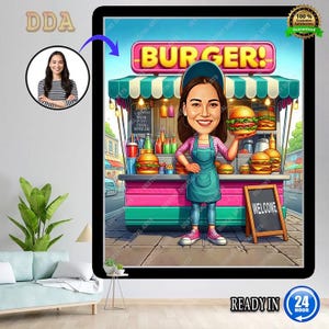 Könnte beinhalten: Digitaler Kunstdruck einer Frau, die einen Burger vor einem Burgerstand hält. Der Stand ist rosa und grün mit dem Wort "BURGER!" darüber. Ein Schild sagt "WELCOME". Das Bild enthält den Text "READY IN 24 HOUR".