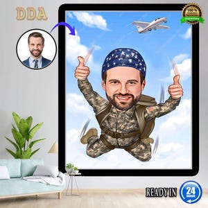 Könnte beinhalten: Cartoon-Illustration eines Mannes beim Fallschirmspringen, der eine Tarnuniform und ein blaues Bandana mit weißen Sternen trägt. Der Mann zeigt den Daumen hoch. Ein kleines Flugzeug fliegt im Hintergrund vor blauem Himmel. Der Text "READY IN 24 HOUR" ist enthalten.