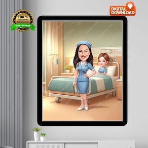 Könnte beinhalten: Digitales Kunstwerk einer Krankenschwester in blauer Uniform und Mütze, in einem Krankenhauszimmer. Eine zweite Krankenschwester ist im Hintergrund. Der Text "Digital Download" ist enthalten.