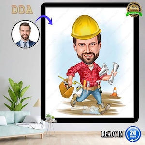 Könnte beinhalten: Gerahmte Cartoon-Illustration eines Bauarbeiters mit gelbem Helm, rotem kariertem Hemd und blauer Jeans. Der Arbeiter trägt Baupläne, eine Werkzeugkiste und ein Maßband. Der Text "READY IN 24 HOUR" ist enthalten.