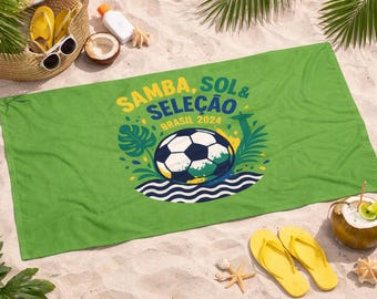 Brazil Beach Towel • Soccer Fan Green Yellow Beach Towel • Summer Pool Football Brazil Gift Brasil Copa do Mundo 2026 Soccer Fan Beach Towel
